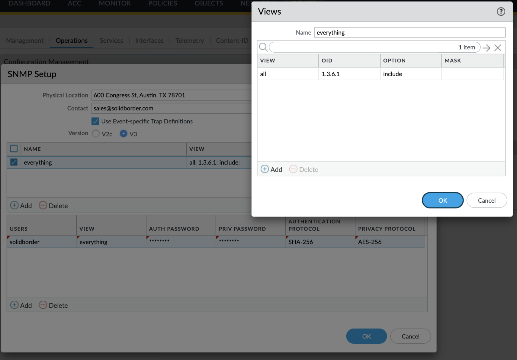 Palo Alto SNMP v3 View configuration showing OID 1.3.6.1